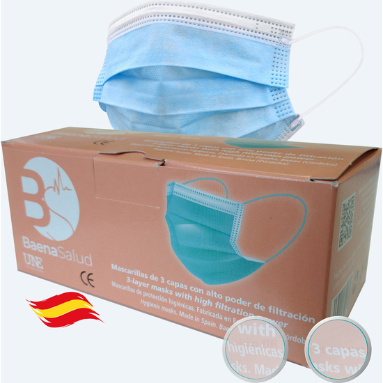 100 Mascarillas Higiénicas Desechables, En Color Azul, Filtración (bfe) 95%, Hechas En España
