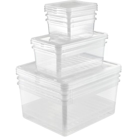 Set 8 Cajas De Almacenaje - 3x1,7 L 2x5,6 L 3x18 L - Plástico Transparente