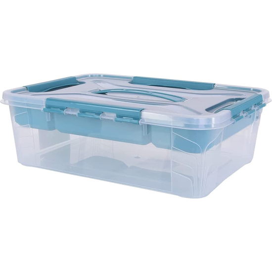 Caja De Almacenaje Con Tapa Con Asa, Incluye Bandeja Organizadora, 39 X 29 X 12,4 Cm, 10 L, Hubert+hilda, Transparente/aqua Blau (azul)