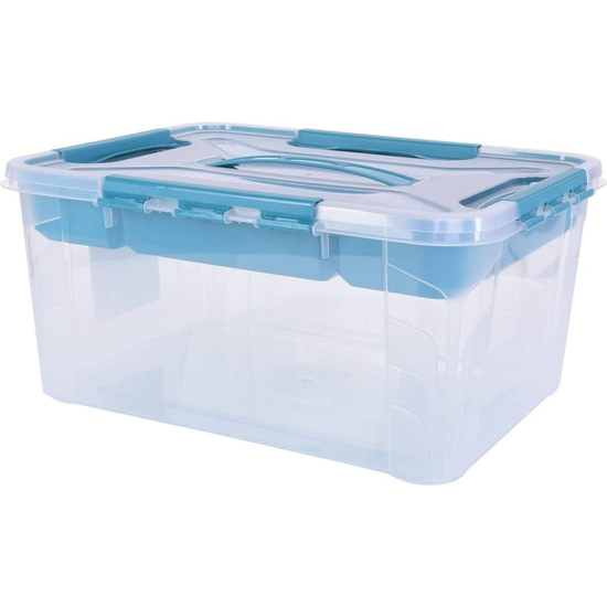 Caja De Almacenaje Con Tapa Con Asa, Incluye Bandeja Organizadora, 39 X 29 X 18 Cm, 15,3 L, Hubert+hilda, Transparente/aqua Blau (azul)