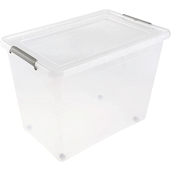Caja De Almacenamiento Clipbox Lars, 80 L, 58 X 39 X 42, Con Ruedas, Tapa Con Clip Para Cerrar, Transparente
