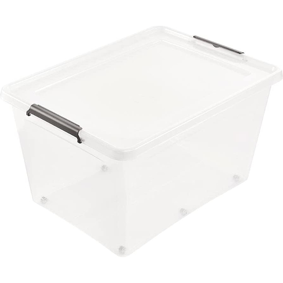 Caja De Almacenamiento Clipbox Lars, 145 L, 76 X 57 X 42, Con Ruedas, Tapa Con Clip Para Cerrar, Transparente