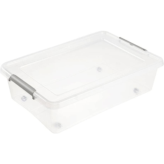 Caja De Almacenamiento Clipbox Lars, 29 L, 58 X 39 X 16, Con Ruedas, Tapa Con Clip Para Cerrar, Transparente