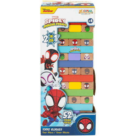 JUEGO TORRE BLOQUES + DOMINO MADERA SPIDEY MARVEL