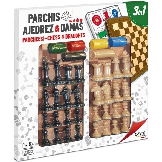 PARCHÍS - AJEDREZ - DAMAS CON ACCESORIOS MADERA 33X33 CM