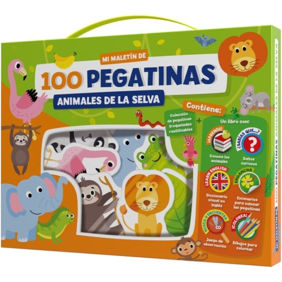 MALETÍN EDUCATIVO LIBRO + 100 PEGATINAS ANIMALES EN LA SELVA