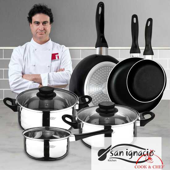 San Ignacio - Top Kitchen Menaje: Pack De 3 Sartenes + Batería De Cocina 5 Piezas