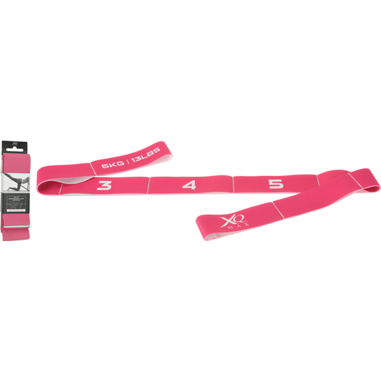 Xqmax Multi Loop Light. Size: 1100mmx45mm. Material: Latex With Polyester. Pink-225c Color With Exercises And Xqmax Print. 8 Loops. 1pcs Tied On Color