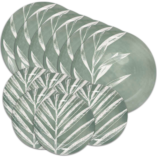 Vajilla De 12 Piezas De Porcelana Color Verde Con Decoración De Hojas: 6 Platos Llanos D.26cm + 6 Platos De Postre D.19cm