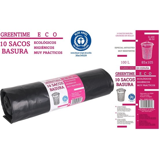 10 SACOS BASURA 85X105-G200-100 L. GREENTIME ECO