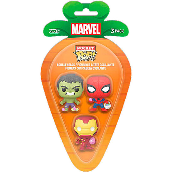 Blister 3 Figuras Carrot Pocket Pop Marvel Spiderman Hulk Iron Man